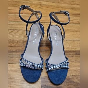 UNISA Women's Denim Textile Jeweled Strappy Sandals Kitten Heels Blue Size 6.5M